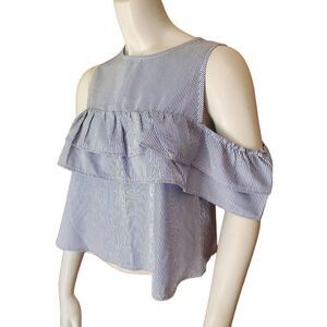 Papaya Blue & White Striped Cold Shoulder Ruffle Top (S)